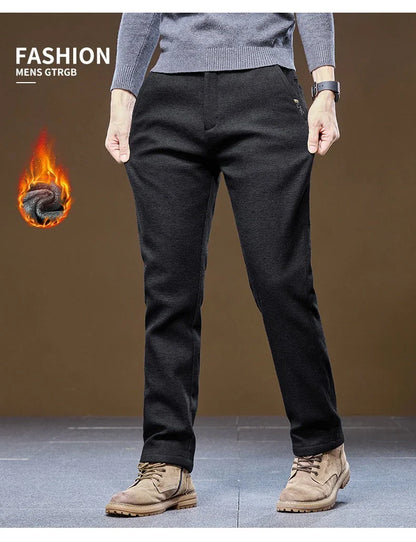 Men's Winter Casual Pants Thick Fleece Warm Elastic Waist Straight Slim Trousers Light Business Comfort Daily Wear Thermal Pants