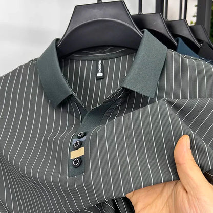 Brand striped design men's short sleeve fashionable polo shirt 2024 summer new cool and breathable casual lapel golf T-shirt