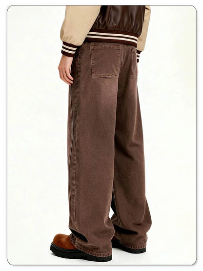American Retro Men's Brown Casual Baggy Wide Leg Jeans Korean Cartoon Elephant Embroidery Loose Wide Leg Denim Pants Unisex