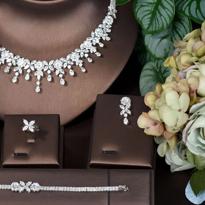 Leaf Water Drop 4pcs Necklace Pendant Set for Women Cubic Zirconia Dubia Nigeria Bridal Wedding Jewelry Set Bijoux S-351