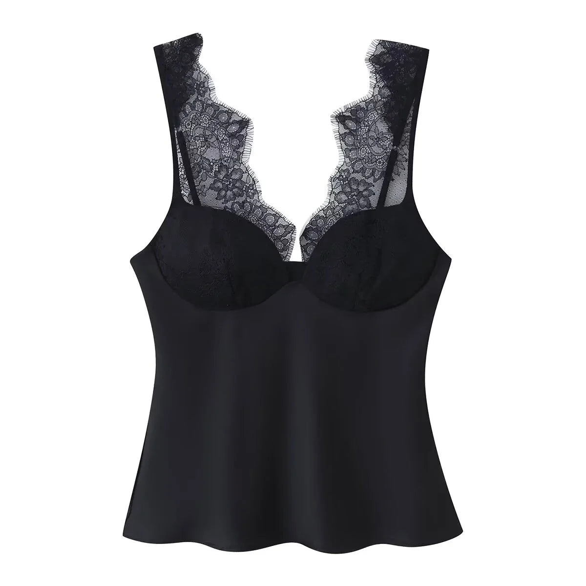 European and American style 25 winter new lace detail decoration heart-shaped neckline fine shoulder strap silk texture top