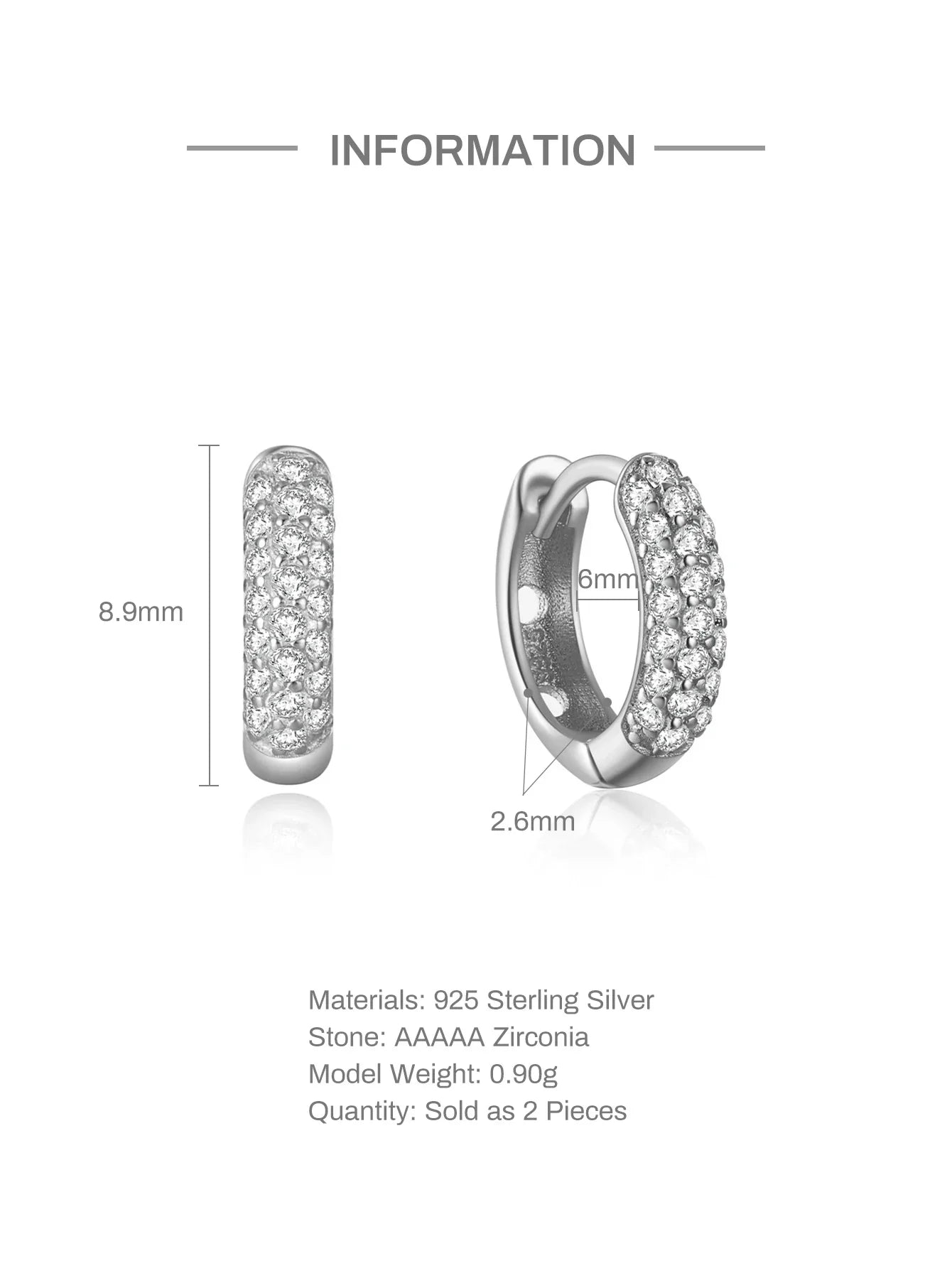 Half Side Zircon Crystals Hoop Earrings for Women Girls 925 Sterling Silver Jewelry Huggie Earrings Pendientes Plata 925