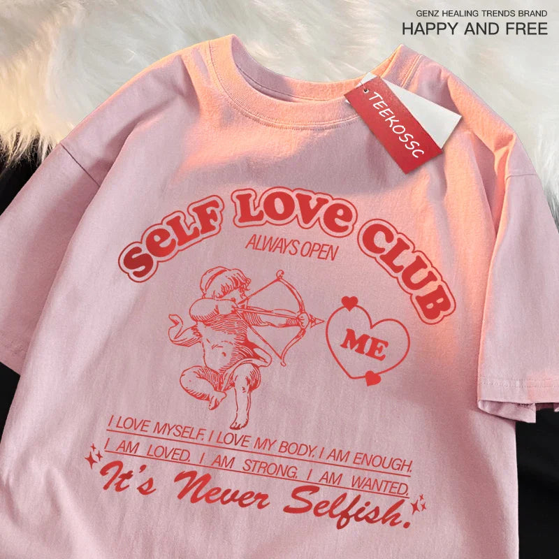 Self Love Club Fun Cupid Men Women T Shirts Breathable Street Tee Clothes Cotton Summer Fashion Loose Casual Oversized T Shirt