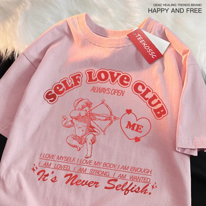 Self Love Club Fun Cupid Men Women T Shirts Breathable Street Tee Clothes Cotton Summer Fashion Loose Casual Oversized T Shirt