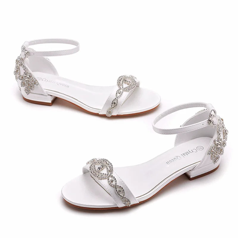Summer new 2-cm square-heeled silk ribbon pearl rhinestone low-heeled wedding shoes beaded lace-up flat large-size women sandals
