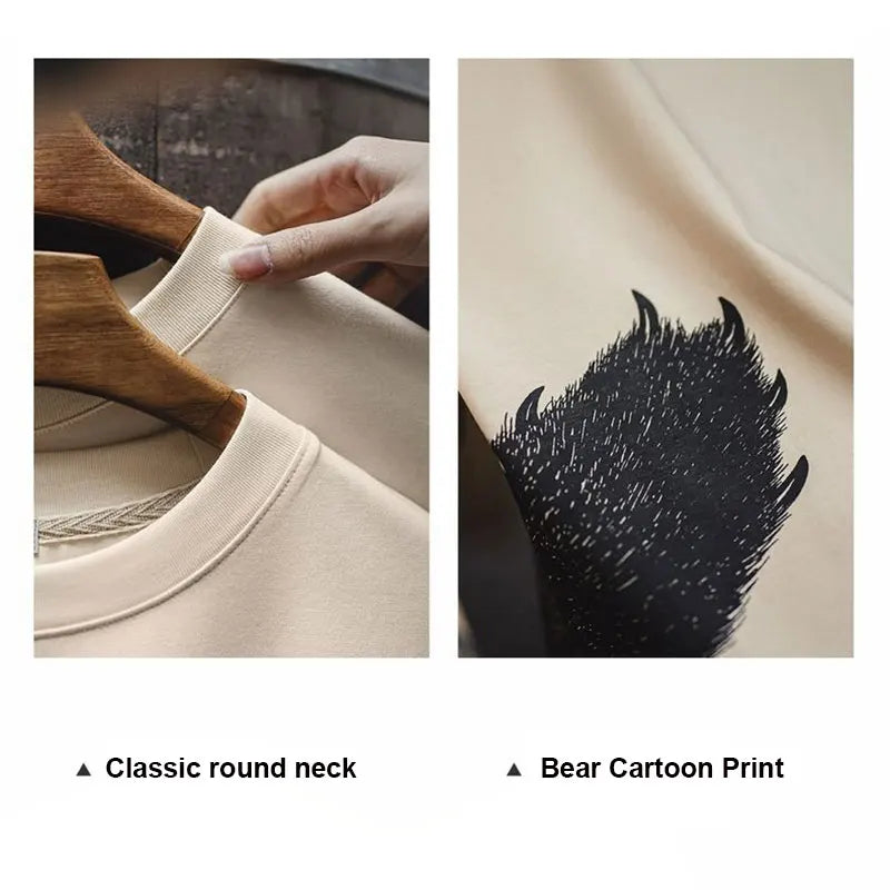 Oversized Bear Print Short Sleeve T-Shirt Women's Summer Apricot Loose Fit Ribbed Crew Neck Tee Cute Casual Street Tops