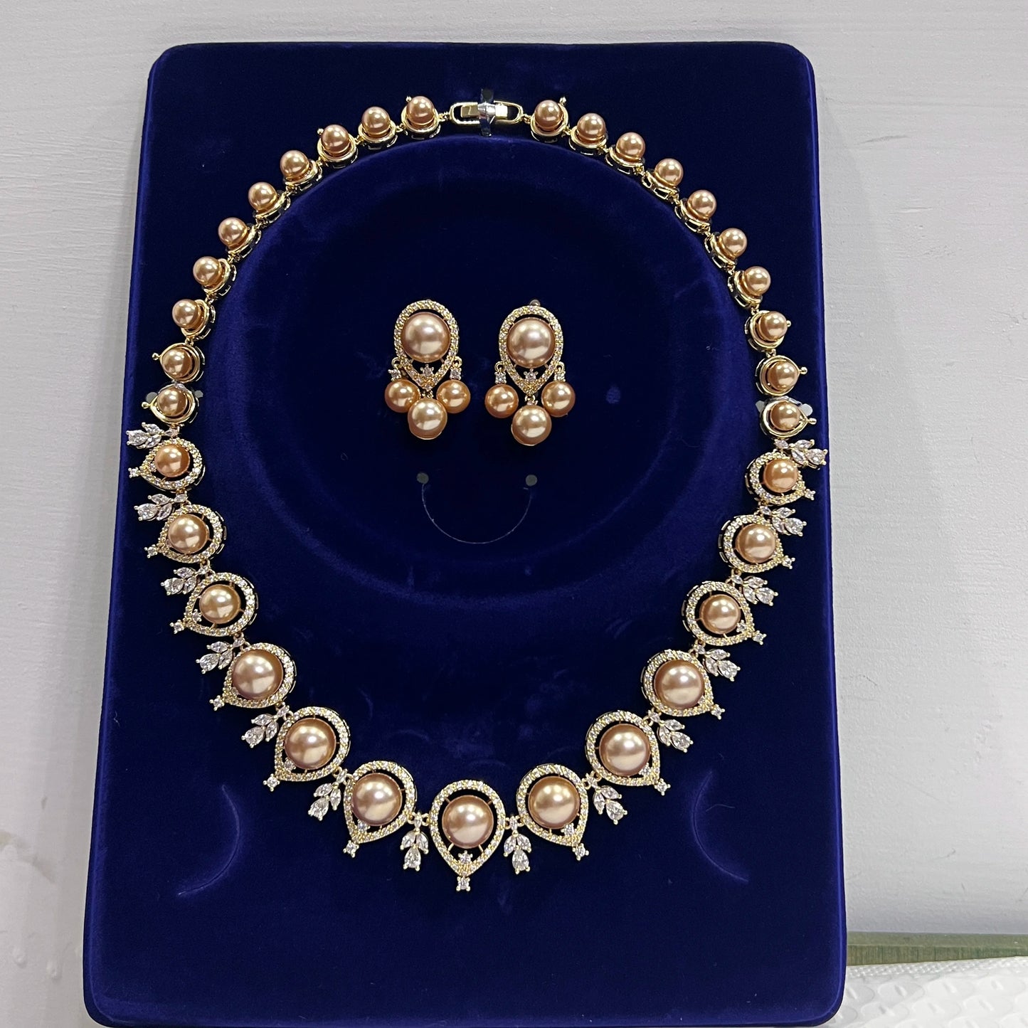 Luxury Round Shape Gold Color Pearl Necklace 2 Pieces Set , Bridal Wedding Dubai Saudi Jewelry for Women's Party