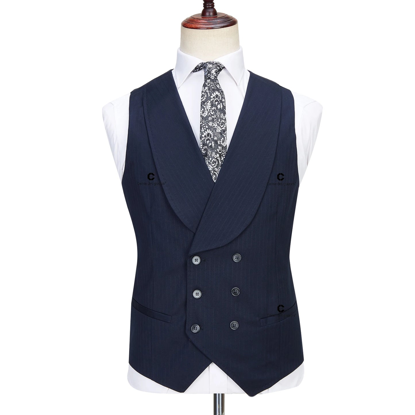 Dark Blue Pinstripe 3 Piece Classic Men Suits Blazer Vest Pants Peak Lapel Formal Business Prom Wedding Dress