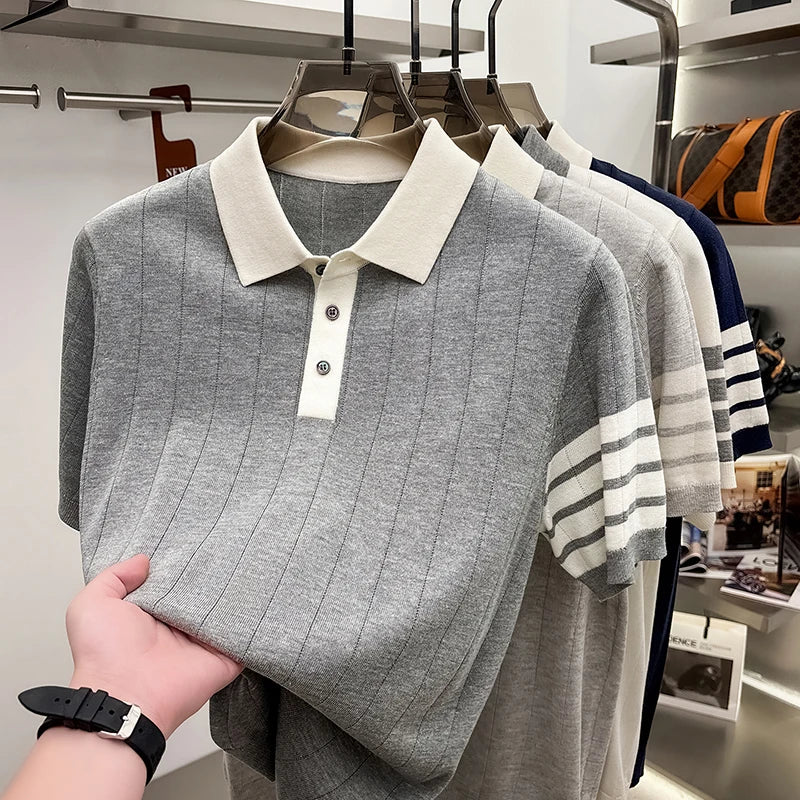2026 Men's Short Sleeved Polo Shirt with High-end Feel, Summer Thin Design, Knitted Collar, Linen T-shirt As Base