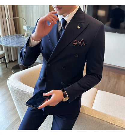 (Jackets+Pants) Luxury Double Breasted Design Slim Fit Suit High Quality Fashion Men's Wedding Social Suit Tuxedo 2 Piece Set