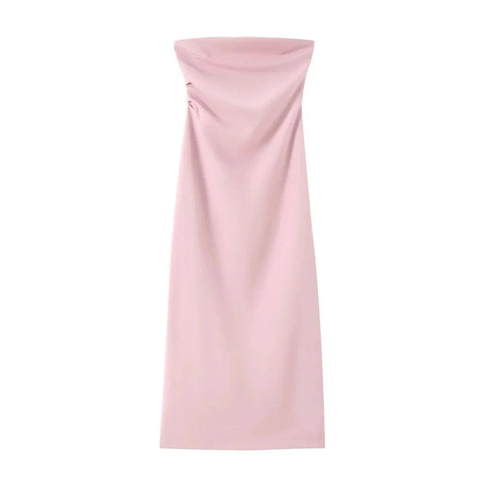 Women Fashion Strapless Gathered Midi Dress Sexy Straight Neck Back Slit Female Dresses Vestidos Mujer