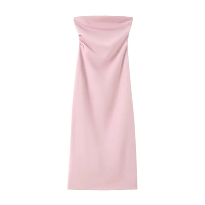 Women Fashion Strapless Gathered Midi Dress Sexy Straight Neck Back Slit Female Dresses Vestidos Mujer