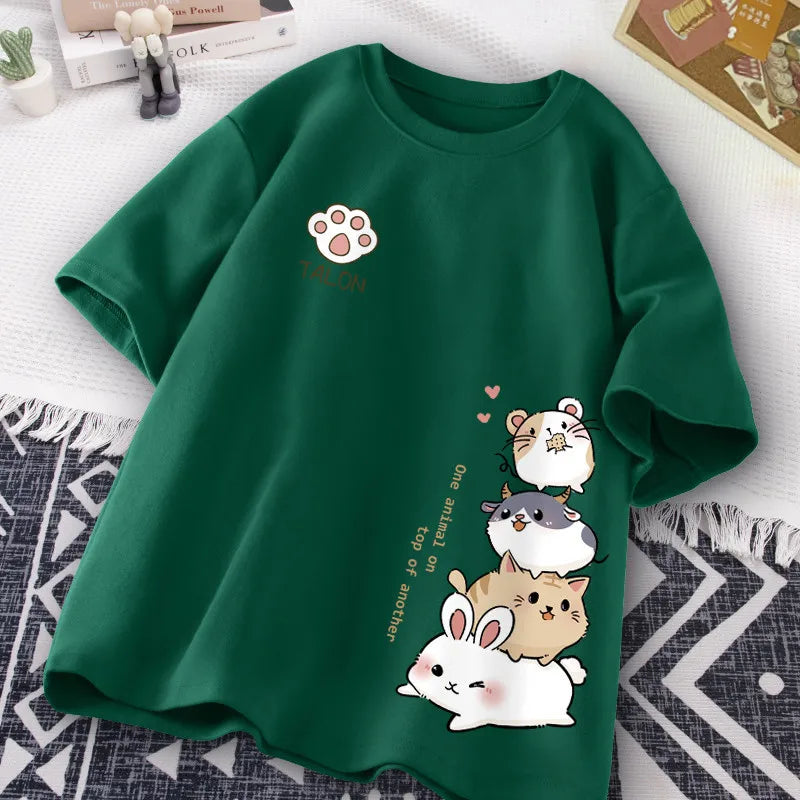 Camiseta Feminina Estilo Hamster Japonês Fofo Estampa Doce Uso Diário Manga Curta Solta Casual Adolescente Estudante Meia Manga Top