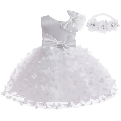 Vestido Borboleta Branco e Rosa de Verão para Meninas Vestido de Noiva de Tule Roupa de Batizado Roupa de Bebê Menina 1º Aniversário