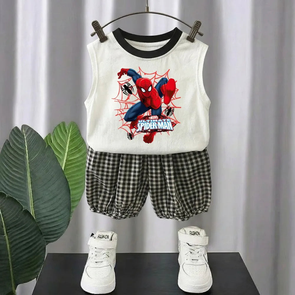 Summer Cute Cartoon Printed Boys Casual Outfits Kids Fashion Plaid Shorts Sets Children Sleeveless Top and Bottom Two Piece Sets