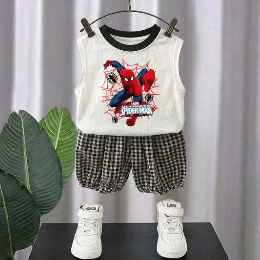 Summer Cute Cartoon Printed Boys Casual Outfits Kids Fashion Plaid Shorts Sets Children Sleeveless Top and Bottom Two Piece Sets