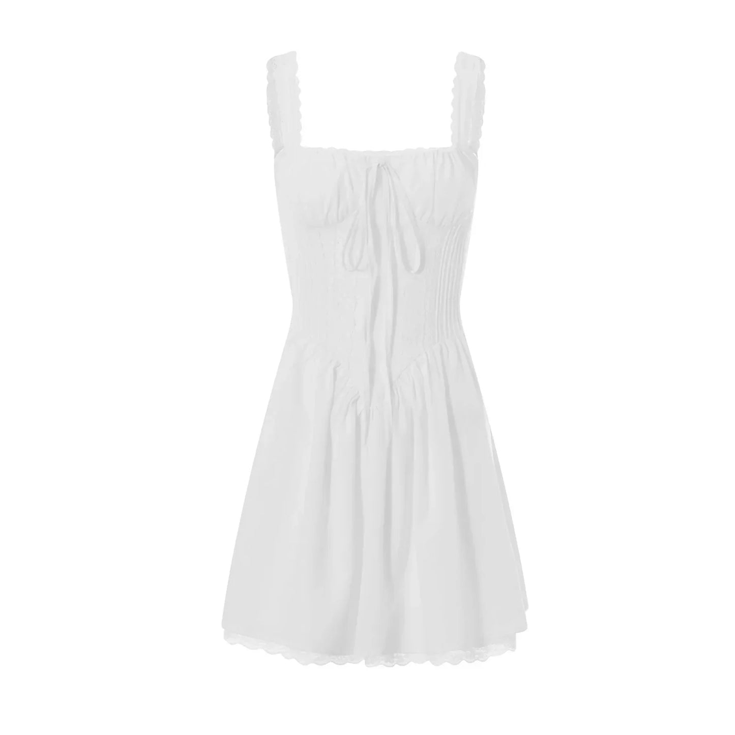 Sweet Backless Mini Dress Women Elegant Lace Hem Chest Wrap Suspenders Dresses Summer White Robes Vestidos