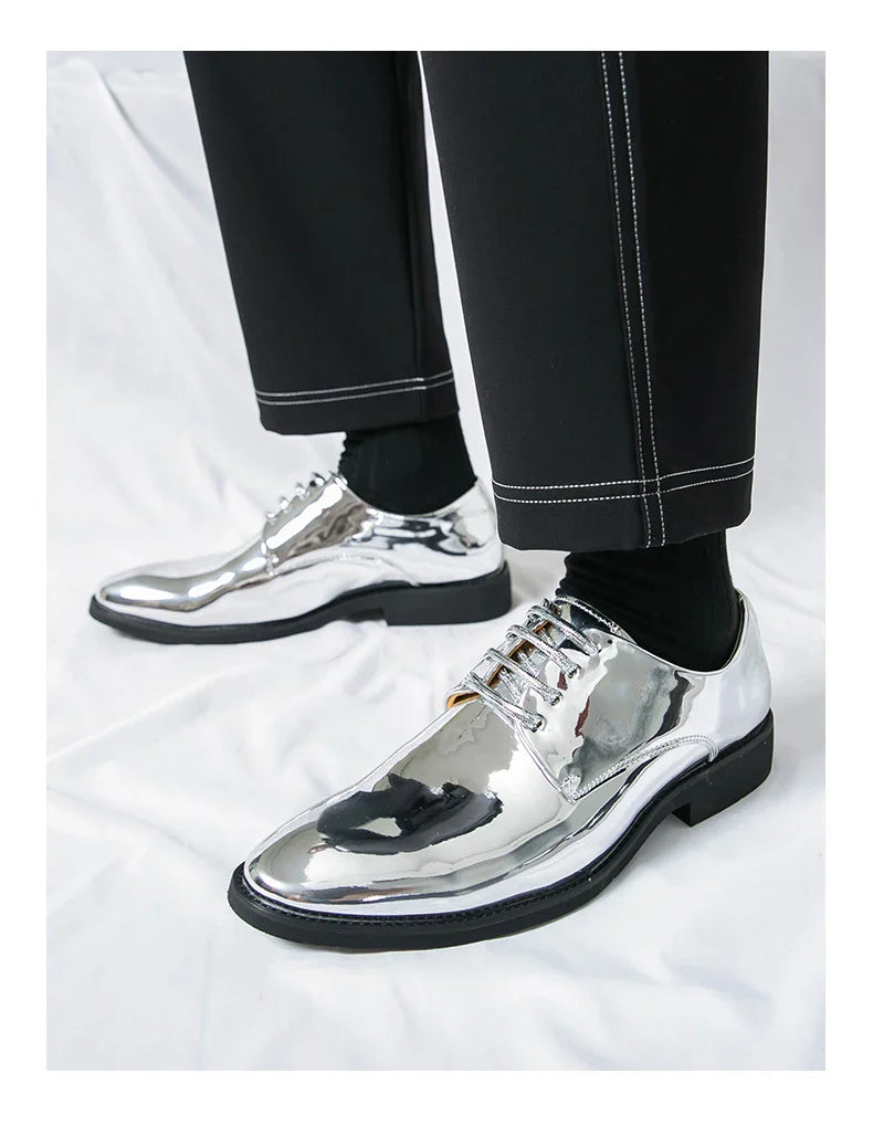 Luxury Silver Dress Shoes Man Patent Leather Shoes Large Size 50 Wedding Shoes Men Pointed toe Party Shoes Designer Formal Shoes