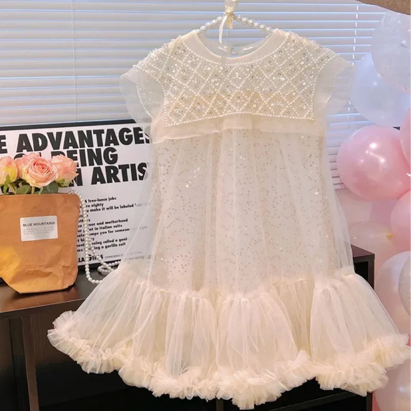 2024 Novo Vestido de Princesa para Meninas, Casual, Primavera, Verão, Roupas Infantis, Vestidos Infantis de Pérolas no Pescoço, Vestido de Fio da Moda