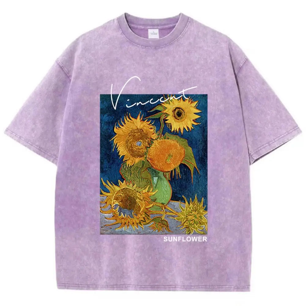 Camisetas Femininas Casuais de Algodão Lavado Estampa Girassol Van Gogh Manga Curta Gola Redonda Blusas Respiráveis Macias Roupa Feminina da Moda