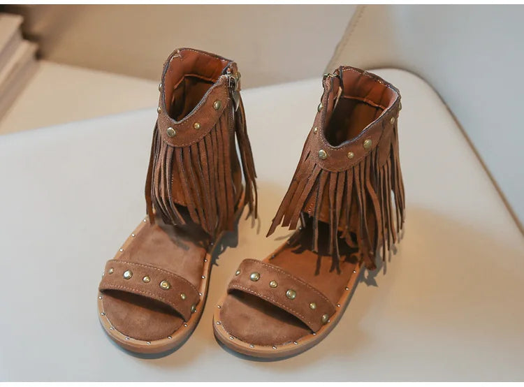 One-strap Summer Roman Shoes for Girls Tassel Rivets High-top Sandals Little Girl Soft Sole Bohemian Dress Shoes Child I06133