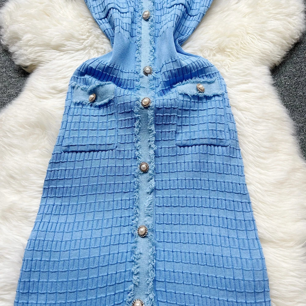 Fashion Sexy Package Hips Knitted Dress Women V-neck Single-breasted Bodycon Sweater Dress Office Lady Vestidos