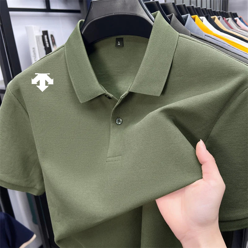 100% men's summer luxury brand polo shirt lapel geometric printing short sleeves t-shirt outdoor leisure men clothing tops