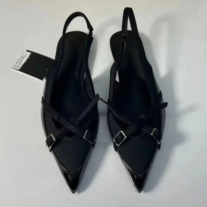 High Quality Women Flat Sandals Cross Strap Buckle Trend Black Office Lady Shoes Pointed Toe Luxury Designer Summer Footwear