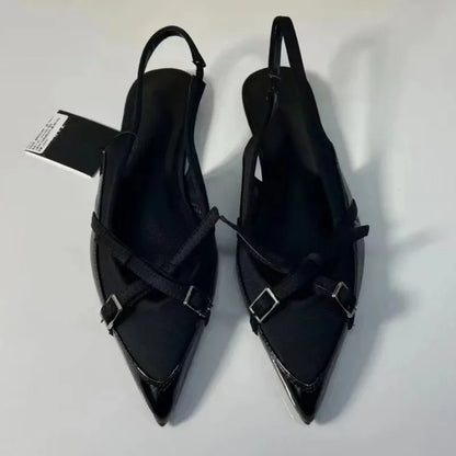 High Quality Women Flat Sandals Cross Strap Buckle Trend Black Office Lady Shoes Pointed Toe Luxury Designer Summer Footwear
