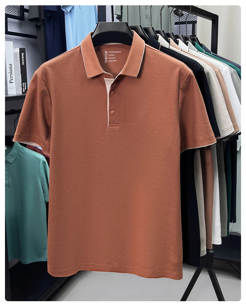 High quality 100% cotton solid color short sleeve polo shirt unique button men summer breathable comfort texture lapel T-shirt