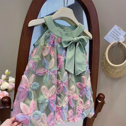 Girl Dress 2025 Summer New Girl Dress Princess Dress Little Girl Fashion Colorful Flower Yarn Dresses Kid Clothes