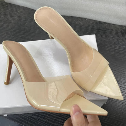 Novas Sandálias Femininas de Salto Alto de Verão Simples Transparentes de Salto Alto, Chinelos de Salto Agulha, Bico Fino, Aberto na Frente, Mules