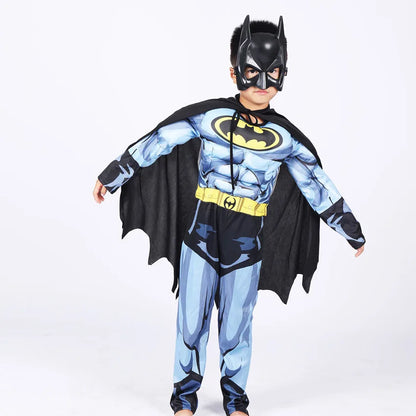 Kids Boys Muscle Costume with Mask Cloak Movie Character Superhero Cosplay Halloween Kids Bat Cosplay Jumpsuit Hero Costume Suit