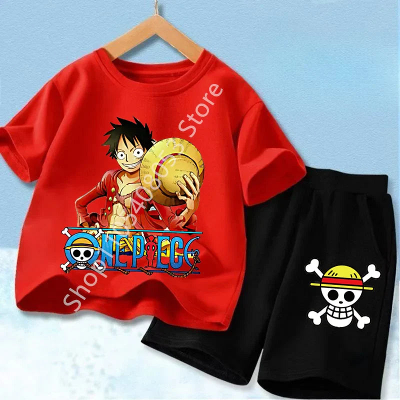 Summer Short Sleeve Clothes Set Anime Boy Girl T Shirt Shorts 2pcs One Piece Kids Outfit Chopper Luffy Tracksuit Suit Children