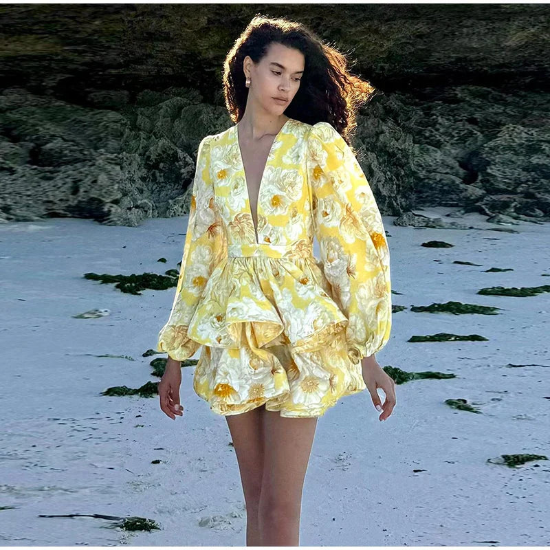 Backless Party Dress Women Elegant 3D Flower Print Sling Lace Up Ruffle A-line Mini Evening Dresses Female 2025 Summer Swimwears