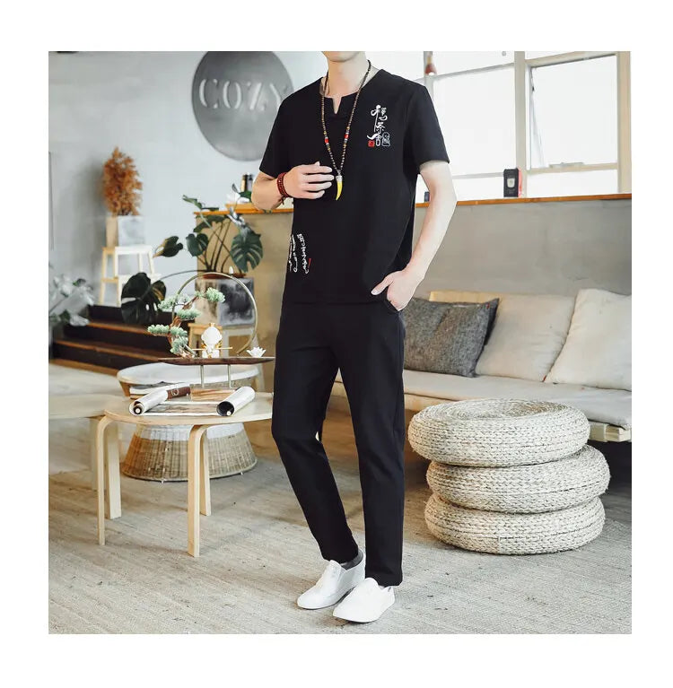(Shirt + trousers) 2025 summer Chinese Style men shirt Cotton and linen shirts men's High quality casual shirts Two Piece M-5XL