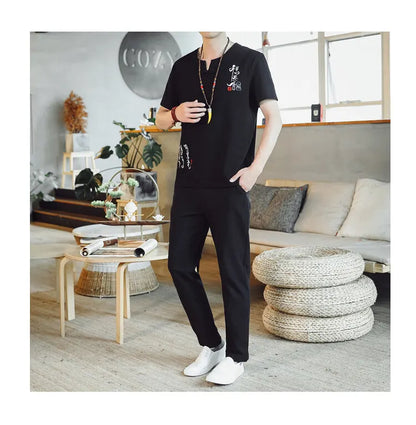 (Shirt + trousers) 2025 summer Chinese Style men shirt Cotton and linen shirts men's High quality casual shirts Two Piece M-5XL