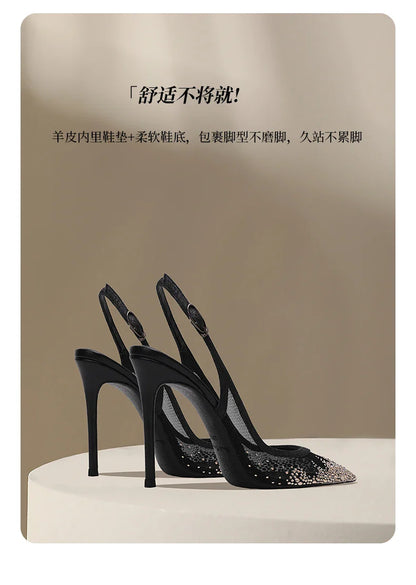 New summer black mesh rhinestone high heels for women, slim heels, shallow toe, sexy sandals with a single buckle strap