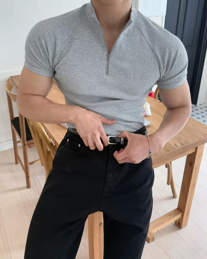 Summer New Men's Sportswear Casual Running And Fitness Stretch Solid Color Zipper Simple Striped Thick Short-sleeved T-shirt
