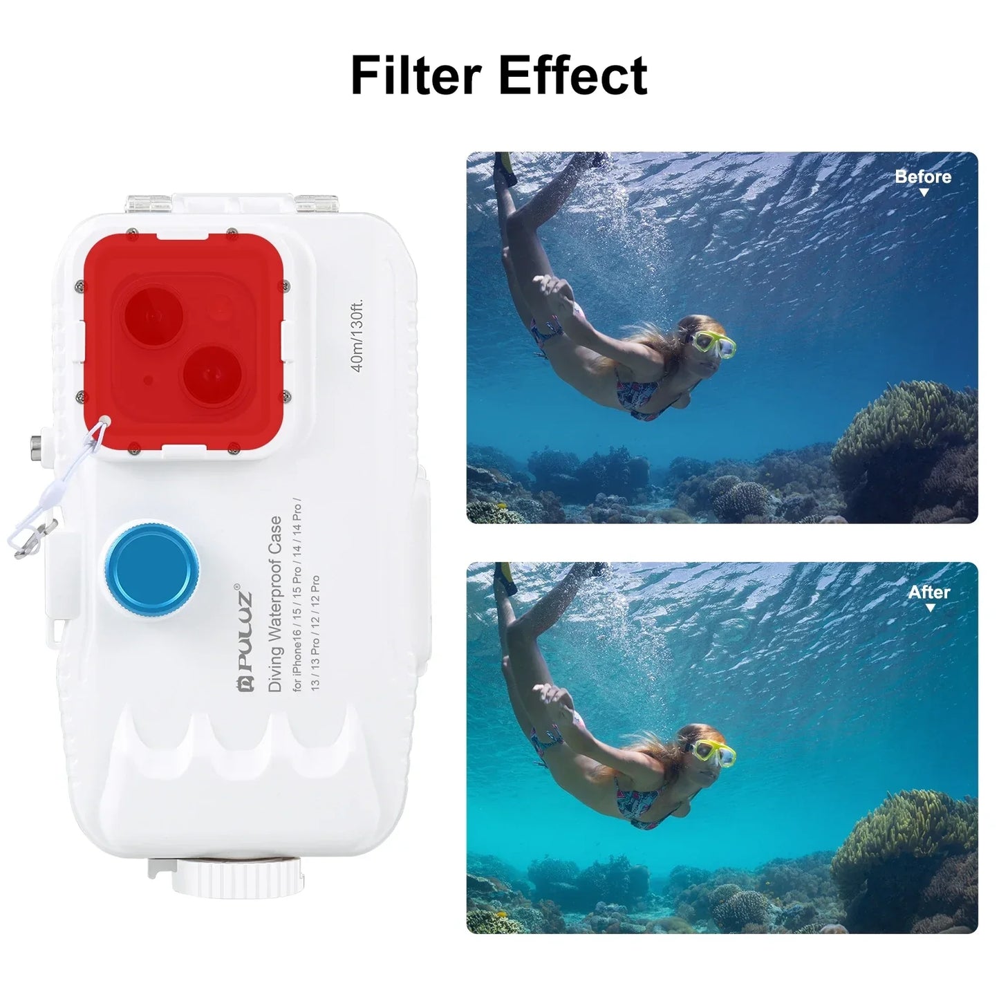 40m/130ft Waterproof Diving Case for iPhone 16 15 14 13 12 11 Pro Max Plus Photo Video Taking Underwater Housing Cover