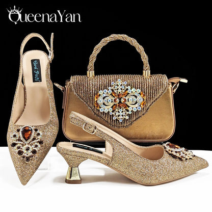 Pointed-Toe Luxury Style Women High Heels Sandal With Bag Set Orange Color for Wedding Party