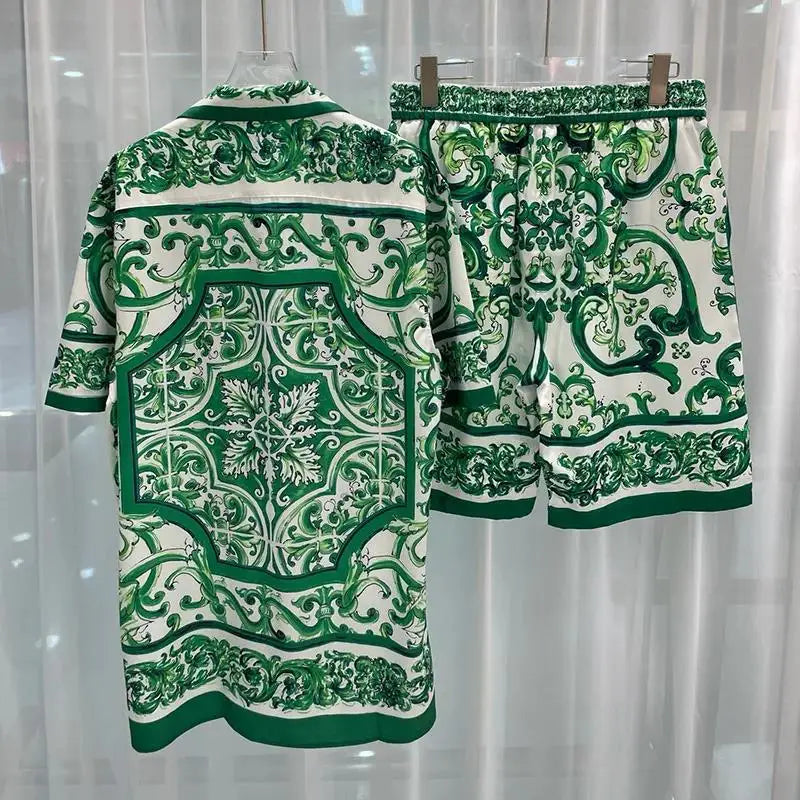 Verão 2025 Estampa Digital Casual Camisa Masculina de Manga Curta e Shorts Conjunto Camisa Havaiana Moda Jovem Transfronteiriça Roupas Masculinas