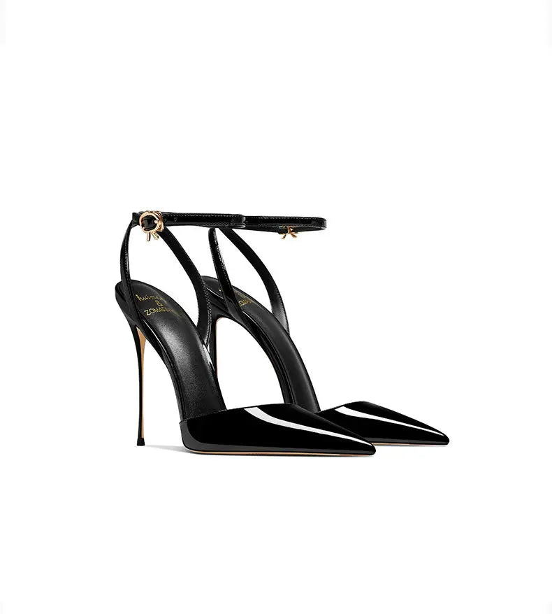 Black patent leather high-end, versatile and comfortable high heels, 2026 autumn new style pointed thin heel sandals for women