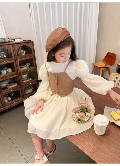 Spring Autumn Girls Dress Set Long Sleeve Children's Retro PU Leather Vest Dress Set Teenage Girls Clothing Suit 4 6 8  12Y