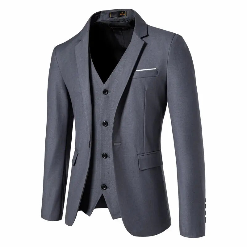 Suit Men's (Blazer+ Vest + Trousers) Fashionable Business Solid-color Wedding British-style Workwear, Casual Performance Suit