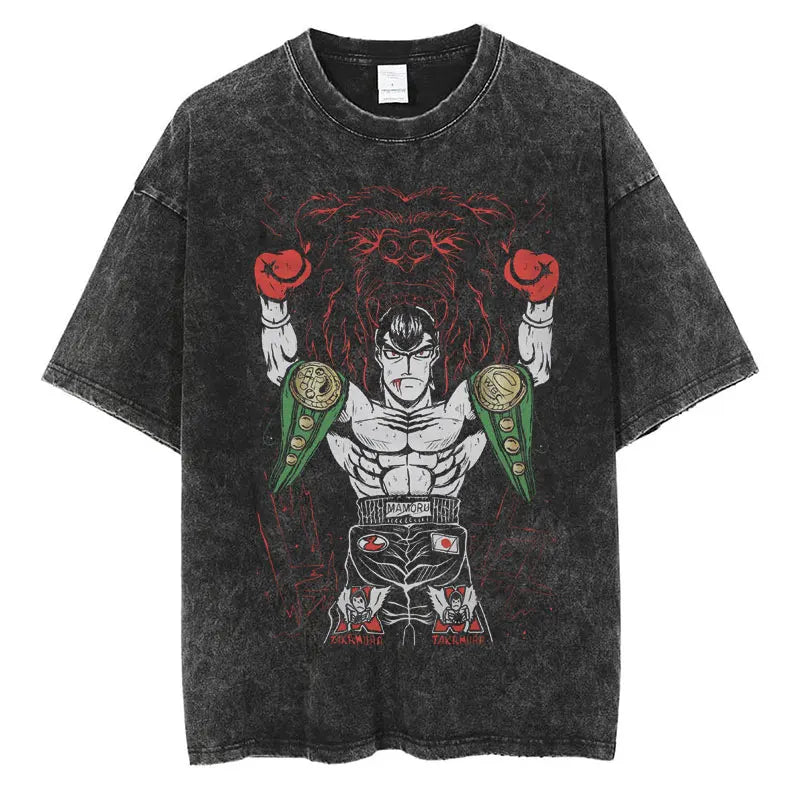 Anime Hajime No Ippo Washed Vintage T-shirt Kamogawa Boxing Gym Harajuku T-shirts Makunouchi Takamura KGB Loose Cotton T Shirt