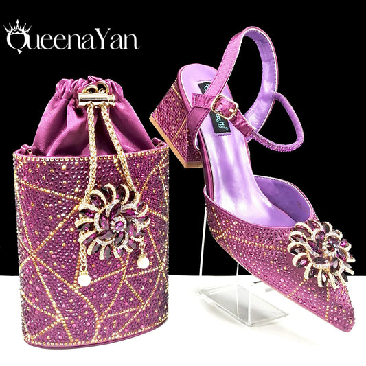 Ladies Elegant Pointed Toe Shoes with shiny Metal Stand Bag Women Party Shoes or Commuting Shoes and Bag Set