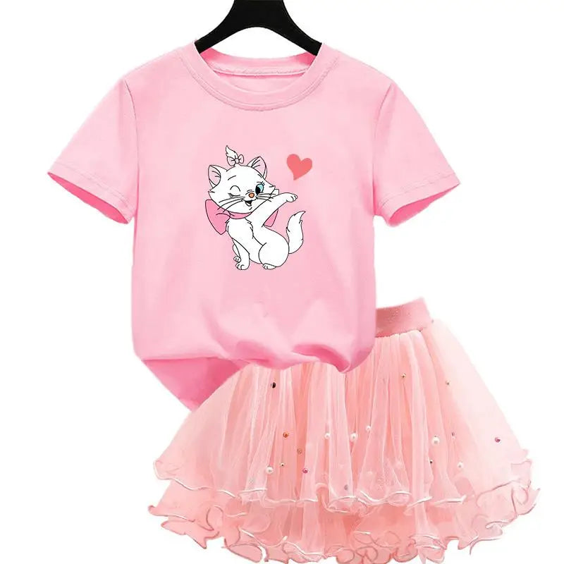The Aristocats Marie Cat 2Pcs/Set Girl Dress Kid Birthday Clothes Party Princess Dress T-shirt+Tutu Skirt Summer Christmas Gift