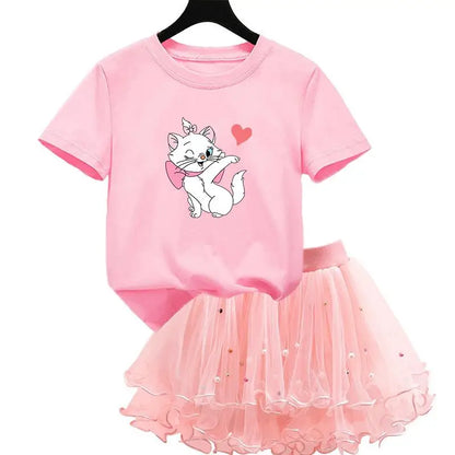The Aristocats Marie Cat 2Pcs/Set Girl Dress Kid Birthday Clothes Party Princess Dress T-shirt+Tutu Skirt Summer Christmas Gift