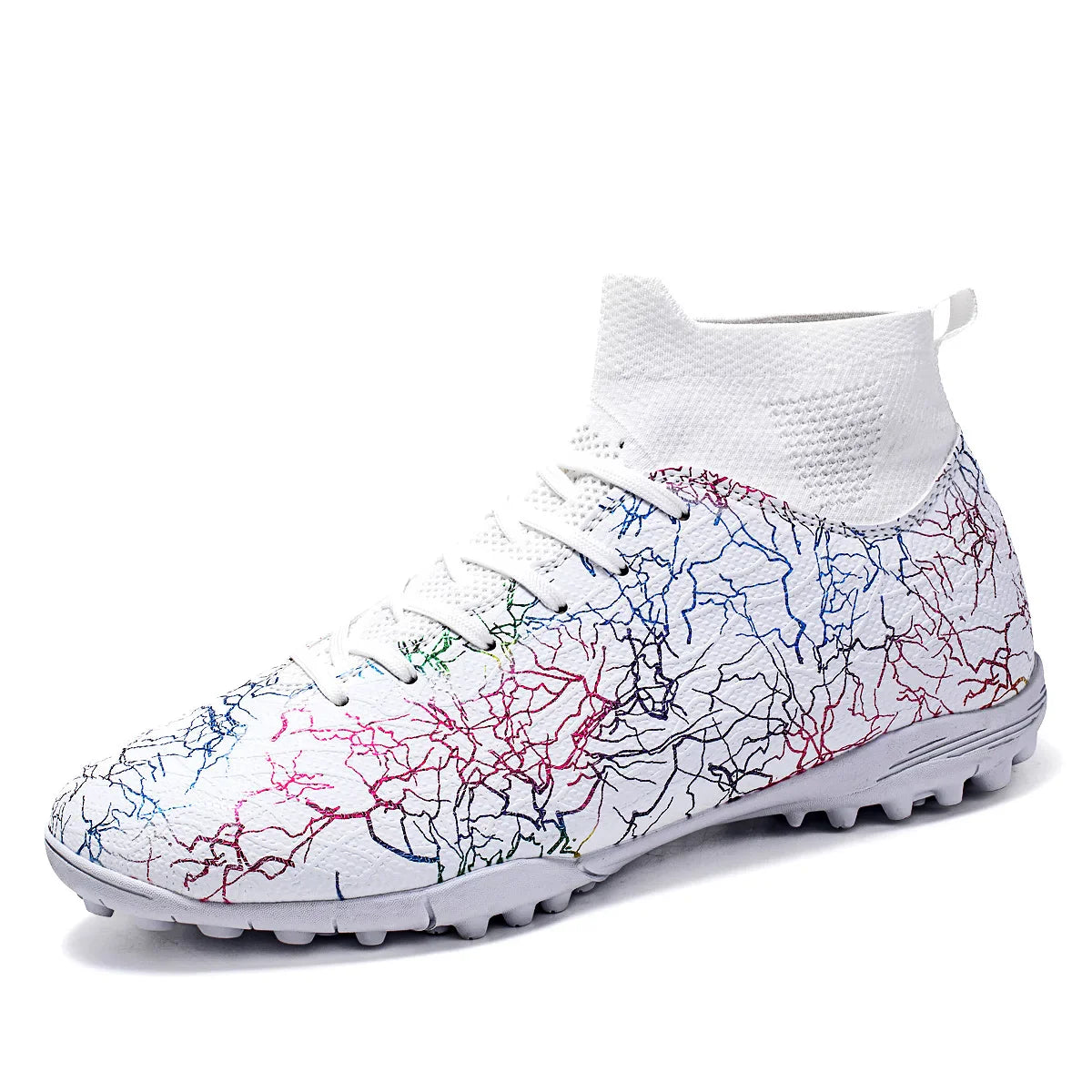 High quality, high-top football shoes, unisex style, comfortable, breathable, available in TF and FG options.  Sole spikes